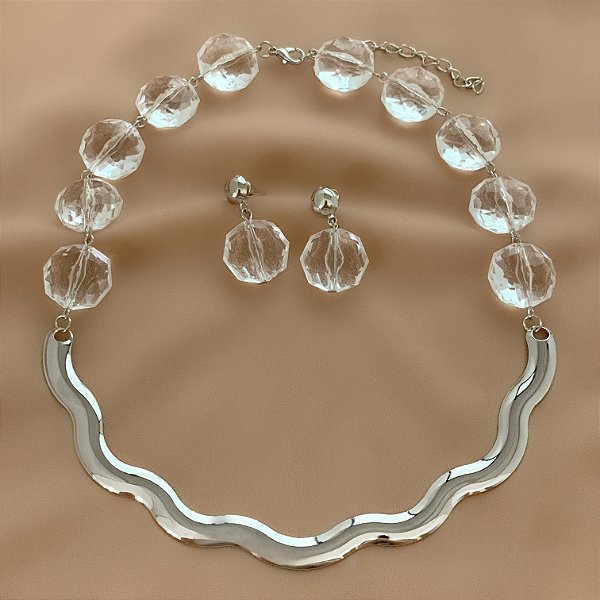COLAR E BRINCO KIT FIO ONDULADO PEDRAS CRISTAIS BIJU