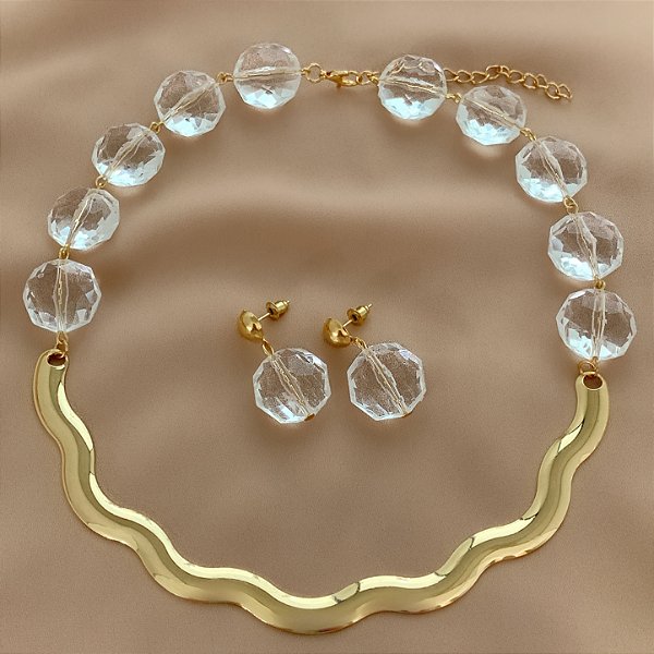 COLAR E BRINCO KIT FIO ONDULADO PEDRAS CRISTAIS BIJU