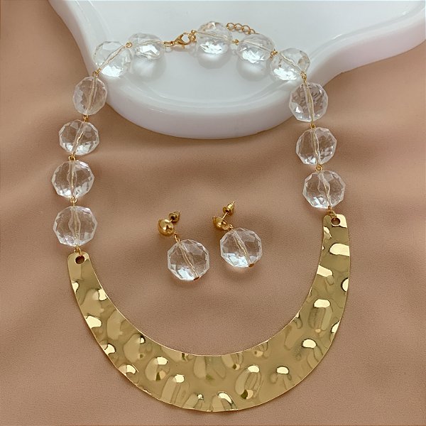 COLAR E BRINCO KIT FIO GROSSO MARTELADO PEDRAS CRISTAIS BIJU