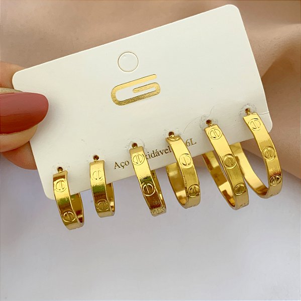 BRINCO KIT ARGOLAS DESENHADAS DOURADO AÇO 316L⭐️