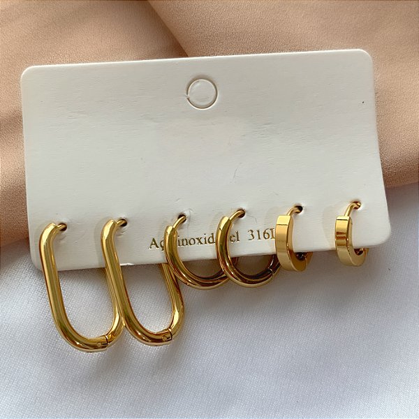 BRINCO KIT ARGOLINHAS FORMATOS DIVERSOS LISAS DOURADO AÇO 316L⭐️
