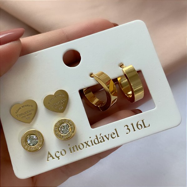 BRINCO KIT CORAÇÃO TIFFANY, ARGOLINHA E ZIRCÔNIA DOURADO AÇO 316L⭐️