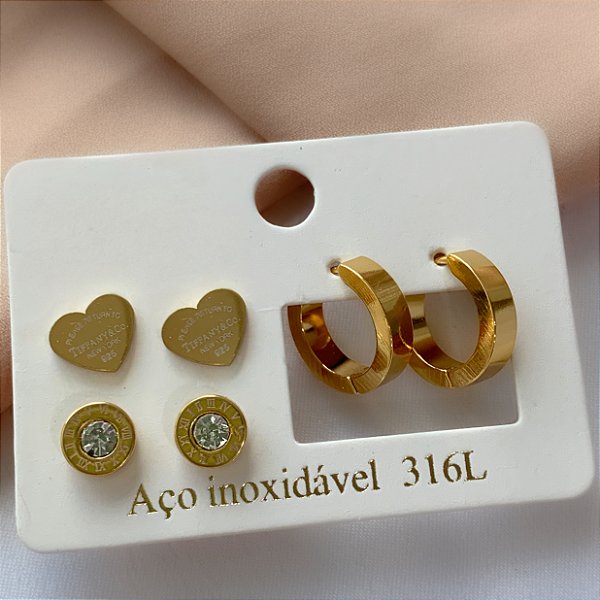BRINCO KIT CORAÇÃO INSPIRAÇÃO ARGOLINHA E ZIRCÔNIA DOURADO AÇO 316L⭐️