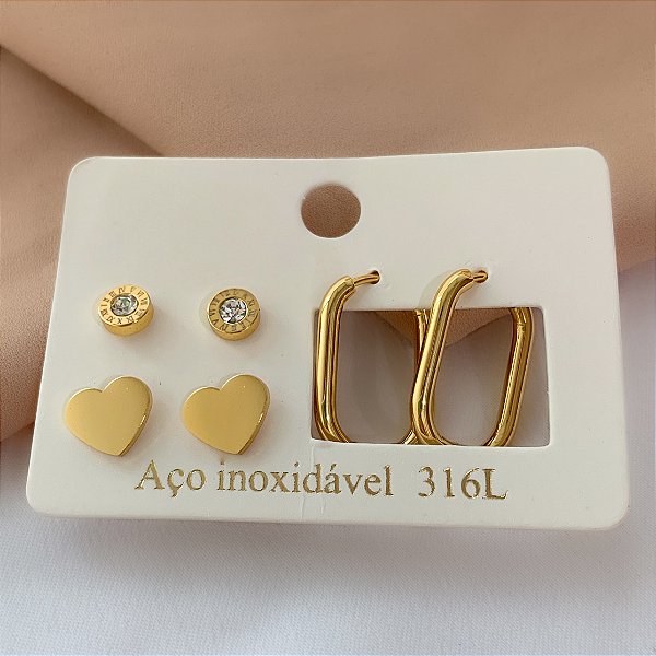 BRINCO KIT ARGOLA OVAL, CORAÇÃO E ZIRCÔNIA DOURADO AÇO 316L⭐️