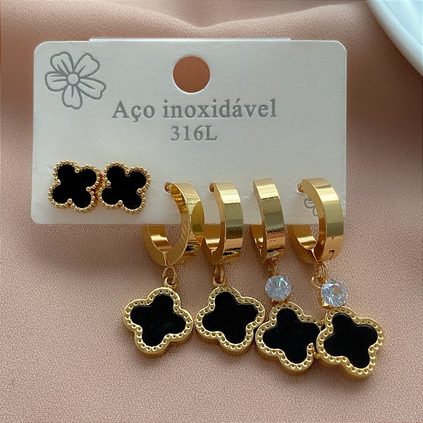 BRINCO KIT ARGOLINHAS E TREVOS RESINADO DOURADO AÇO 316L⭐️
