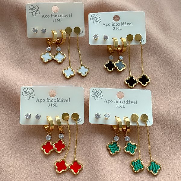 BRINCO KIT ARGOLINHAS TREVOS PENDENTES RESINADO DOURADO AÇO 316L⭐️
