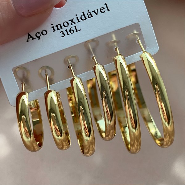 BRINCO KIT ARGOLAS FIO ACHATADO BOLEADO DOURADO AÇO 316L⭐️