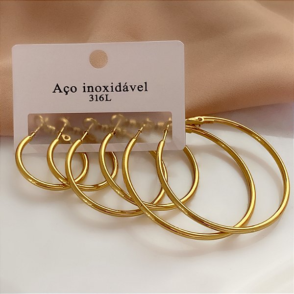 BRINCO KIT ARGOLAS FIO FINO E BOLEADO DOURADO AÇO 316L⭐️