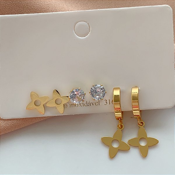 BRINCO KIT ARGOLA TREVO LISO ZIRCÔNIAS DOURADO AÇO 316L⭐️