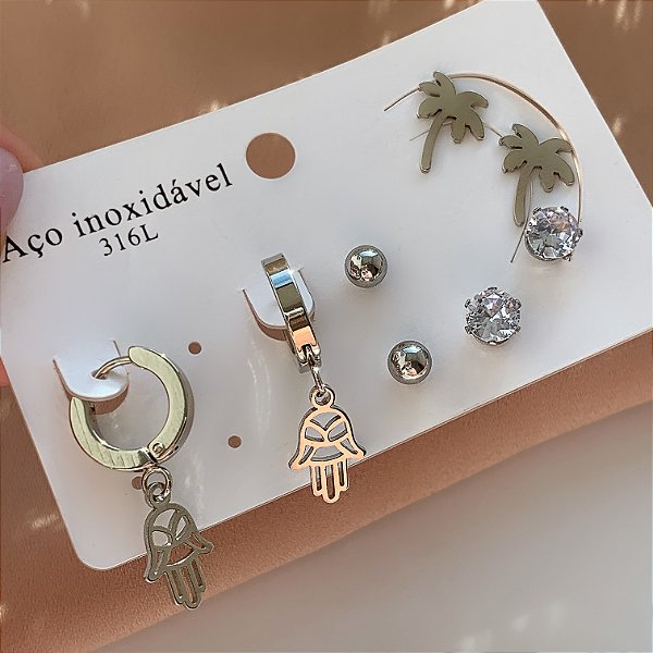 BRINCO KIT MÃO DE FÁTIMA, COQUEIRO E ZIRCÔNIA AÇO 316L⭐️