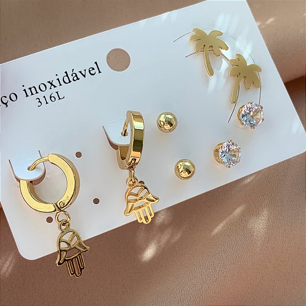 BRINCO KIT MÃO DE FÁTIMA, COQUEIRO E ZIRCÔNIA DOURADO AÇO 316L⭐️