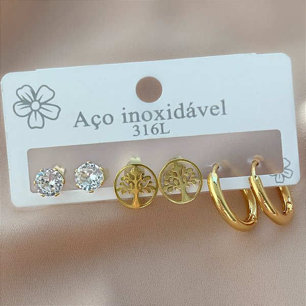 BRINCO KIT ARGOLINHA, ÁRVORE DA VIDA E ZIRCÔNIA DOURADO AÇO 316L⭐️