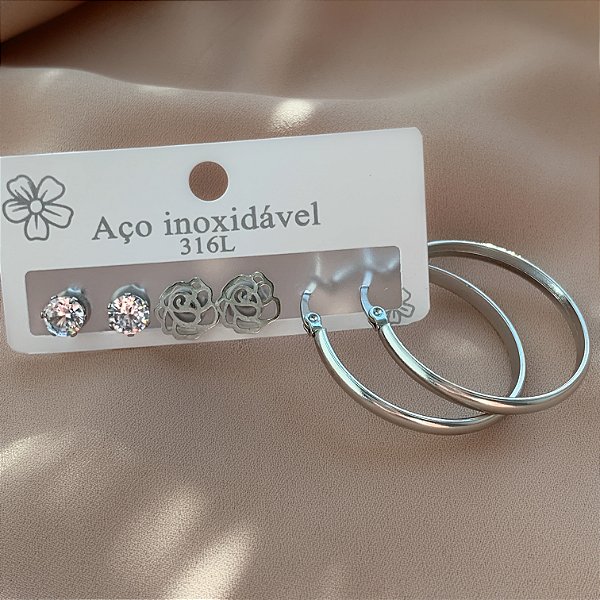 BRINCO KIT ARGOLA CLÁSSICA, FLOR E ZIRCÔNIA AÇO 316L⭐️