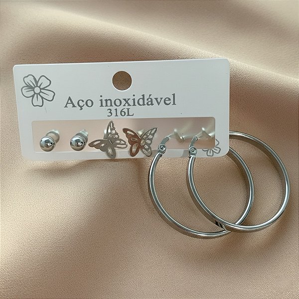 BRINCO KIT ARGOLA CLÁSSICA, BORBOLETA E BOLINHA AÇO 316L⭐️