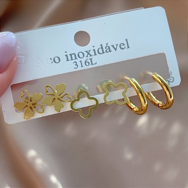 BRINCO KIT ARGOLINHA, TREVO VAZADO E FLOR DOURADO AÇO 316L⭐️