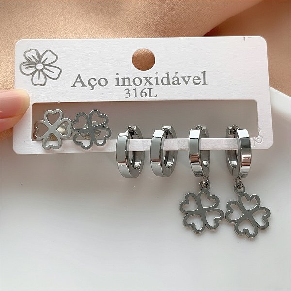 BRINCO KIT ARGOLINHAS GROSSAS TREVOS VAZADOS AÇO 316L⭐️