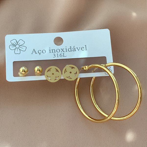 BRINCO KIT ARGOLA CLÁSSICA, TREVO LISO E BOLINHA DOURADO AÇO 316L⭐️