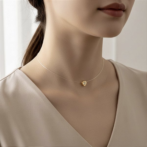 COLAR FIO DE NYLON CORAÇÃO ZIRCÔNIA FOLHEADO A OURO 18K⭐️