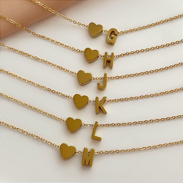 COLAR PINGENTE LETRA E CORAÇÃO LISO G-M DOURADO AÇO 316L⭐️