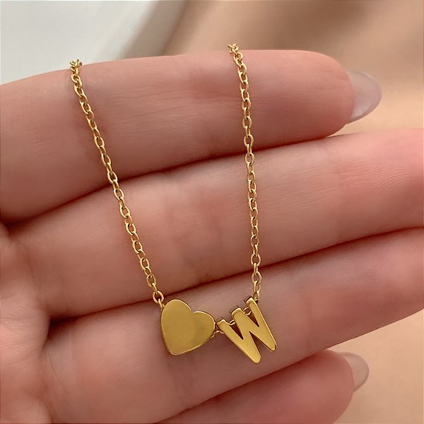 COLAR PINGENTE LETRA E CORAÇÃO LISO N-W DOURADO AÇO 316L⭐️