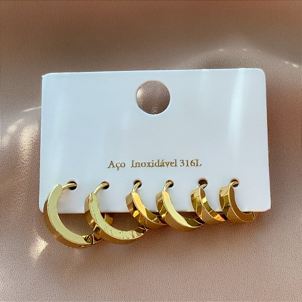 BRINCO KIT ARGOLINHAS FIO ACHATADO DOURADO AÇO 316L⭐️