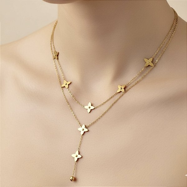 COLAR GRAVATINHA CORRENTE DUPLA TREVOS LISOS DOURADO AÇO 316L⭐️