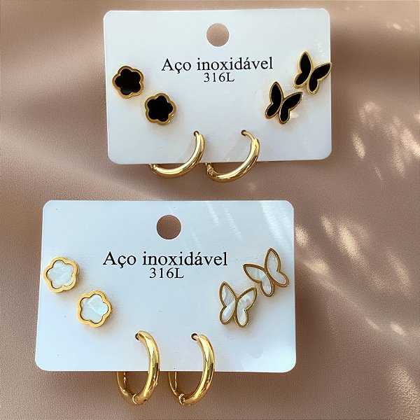BRINCO KIT ARGOLA, FLOR E BORBOLETA RESINADA DOURADO AÇO 316L⭐️