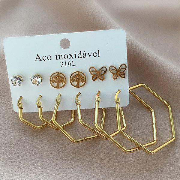 BRINCO KIT ARGOLAS HEXÁGONOS ESPERANÇA DOURADO AÇO 316L⭐️