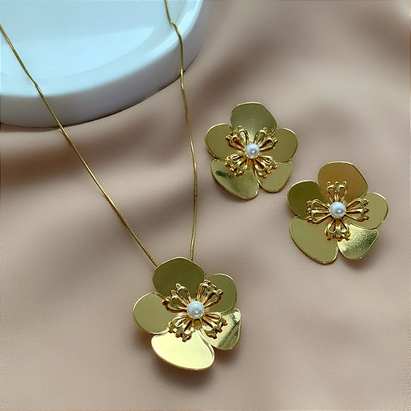 COLAR E BRINCO KIT FLOR BOTÃO PÉROLA DOURADO AÇO 316L PREMIUM⭐️