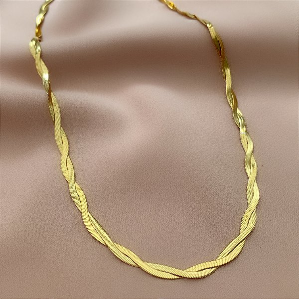 COLAR CORRENTE FITA FINA ENTRELAÇADA DOURADA AÇO 316L⭐️