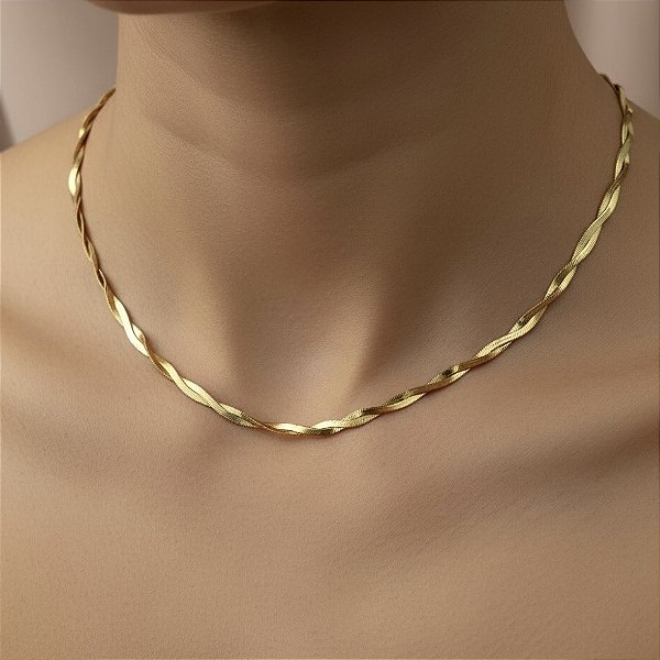 COLAR CORRENTE FITA FINA ENTRELAÇADA DOURADA AÇO 316L⭐️