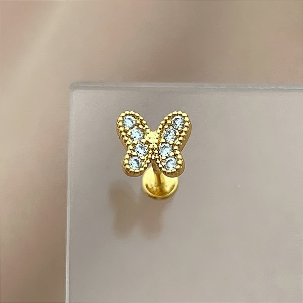 PIERCING TRÁGUS / CARTILAGEM BORBOLETA ZIRCÔNIAS 7MM HASTE AÇO 316L FOLHEADO A OURO 18K SEMIJOIA PARA ATUALIZAÇÃO⭐️