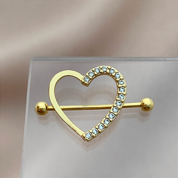 PIERCING MAMILO / ÍNTIMO CORAÇÃO METADE ZIRCÔNIA 12MM AÇO 316L FOLHEADO A OURO 18K SEMIJOIA PARA ATUALIZAÇÃO⭐️