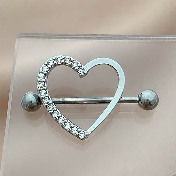 PIERCING MAMILO / ÍNTIMO CORAÇÃO METADE ZIRCÔNIA 12MM AÇO 316L FOLHEADO A RÓDIO SEMIJOIA PARA ATUALIZAÇÃO⭐️