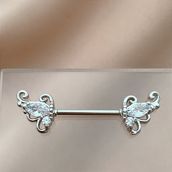 PIERCING MAMILO / ÍNTIMO RETO DETALHADO ZIRCÔNIAS 14MM AÇO 316L FOLHEADO A RÓDIO PARA ATUALIZAÇÃO⭐️