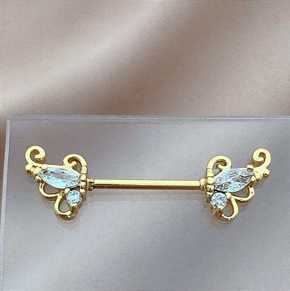 PIERCING MAMILO / ÍNTIMO RETO DETALHADO ZIRCÔNIAS 14MM AÇO 316L FOLHEADO A OURO 18K PARA ATUALIZAÇÃO⭐️