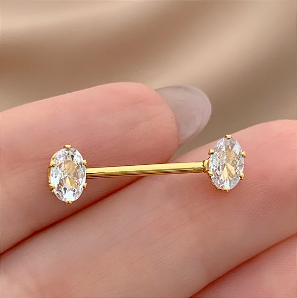 PIERCING MAMILO / ÍNTIMO RETO ZIRCÔNIAS OVAIS 14MM AÇO 316L FOLHEADO A OURO 18K PARA ATUALIZAÇÃO⭐️