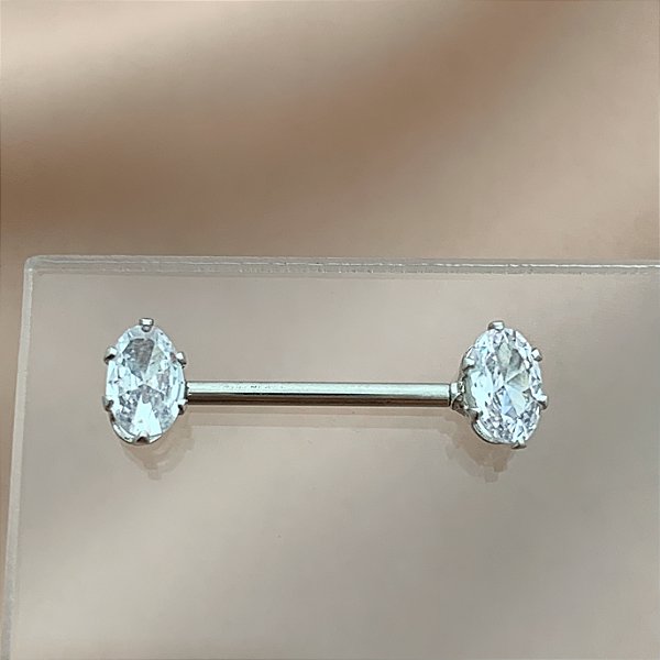 PIERCING MAMILO / ÍNTIMO RETO ZIRCÔNIAS OVAIS 14MM AÇO 316L FOLHEADO A RÓDIO PARA ATUALIZAÇÃO⭐️