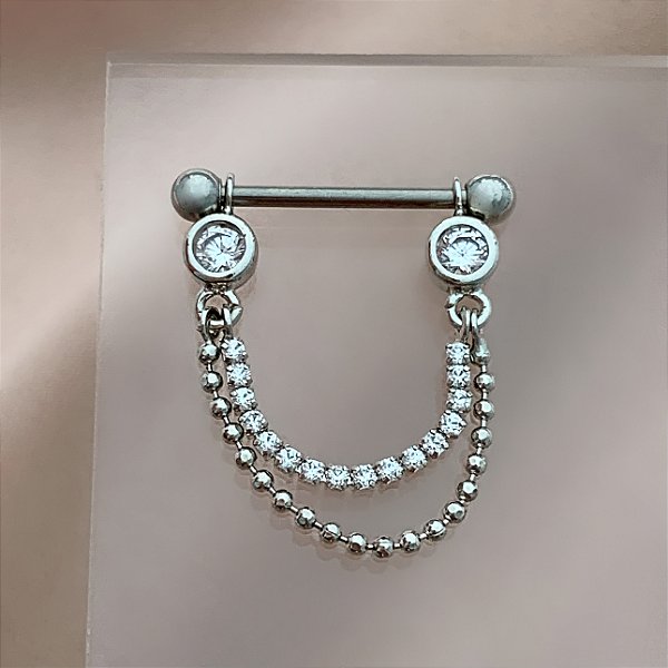 PIERCING MAMILO / ÍNTIMO CORRENTE BOLINHAS E ZIRCÔNIAS 14MM AÇO 316L FOLHEADO A RÓDIO PARA ATUALIZAÇÃO⭐️