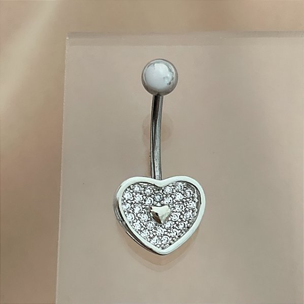PIERCING UMBIGO CORAÇÃO FUNDO ZIRCÔNIAS 10MM AÇO 316L FOLHEADO A RÓDIO SEMIJOIA PARA ATUALIZAÇÃO⭐️