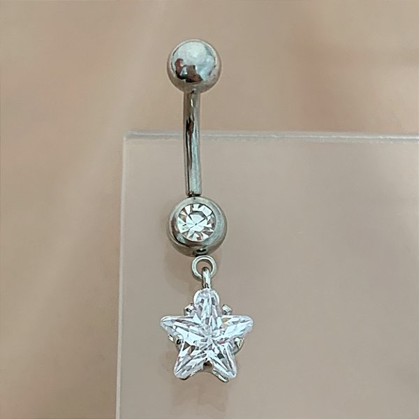 PIERCING UMBIGO PINGENTE ESTRELA ZIRCÔNIA 10MM AÇO 316L FOLHEADO A RÓDIO SEMIJOIA PARA ATUALIZAÇÃO⭐️