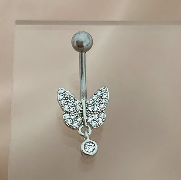 PIERCING UMBIGO BORBOLETA ZIRCÔNIAS MINI PINGENTE 10MM AÇO 316L FOLHEADO A RÓDIO SEMIJOIA PARA ATUALIZAÇÃO⭐️