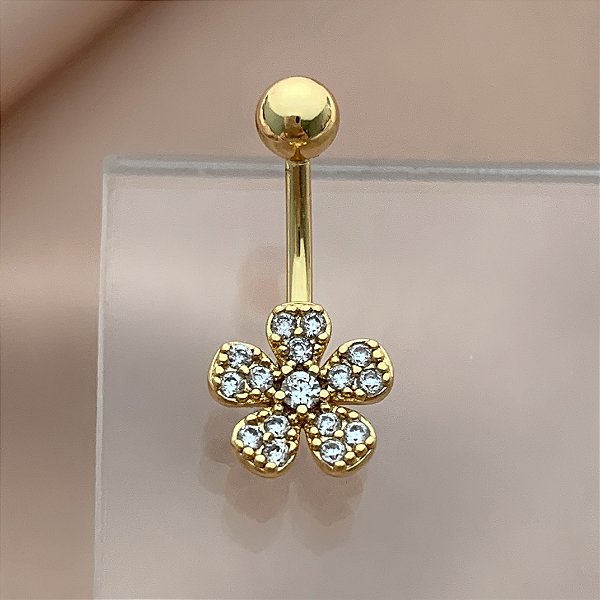PIERCING UMBIGO FLORZINHA DELICADA ZIRCÔNIAS 10MM AÇO 316L FOLHEADO A OURO 18K SEMIJOIA PARA ATUALIZAÇÃO⭐️