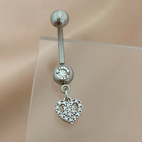 PIERCING UMBIGO CORAÇÃO ZIRCÔNIAS DETALHADAS 10MM AÇO 316L FOLHEADO A RÓDIO SEMIJOIA PARA ATUALIZAÇÃO⭐️