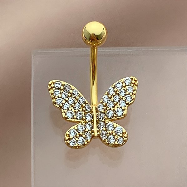 PIERCING UMBIGO BORBOLETA ZIRCÔNIAS G 10MM AÇO 316L FOLHEADO A OURO 18K SEMIJOIA PARA ATUALIZAÇÃO⭐️