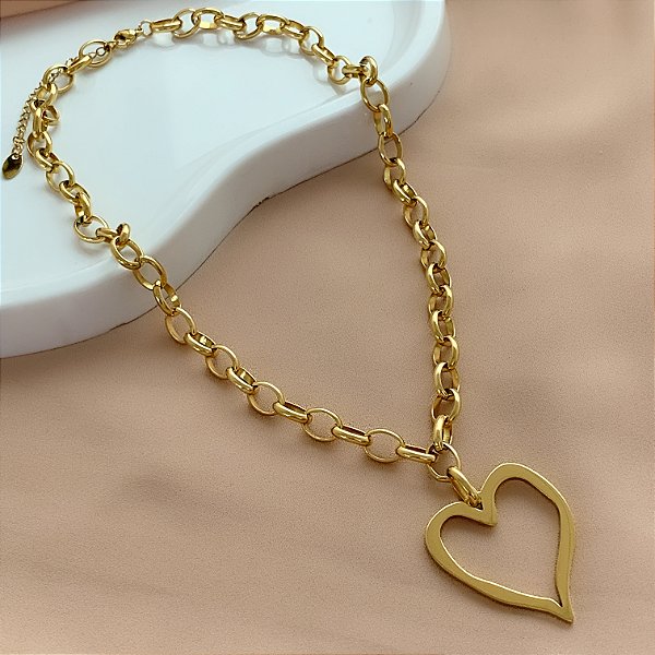 COLAR CORRENTE GROSSA CORAÇÃO ABSTRATO VAZADO DOURADO AÇO 316L⭐️