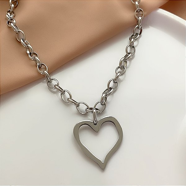 COLAR CORRENTE GROSSA CORAÇÃO ABSTRATO VAZADO AÇO 316L⭐️