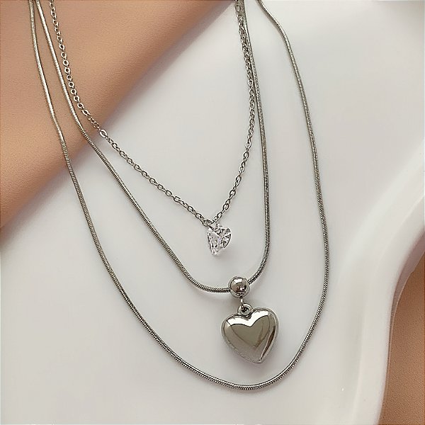 COLAR CORRENTE TRIPLA DELICADA CORAÇÃO E ZIRCÔNIA AÇO 316L⭐️