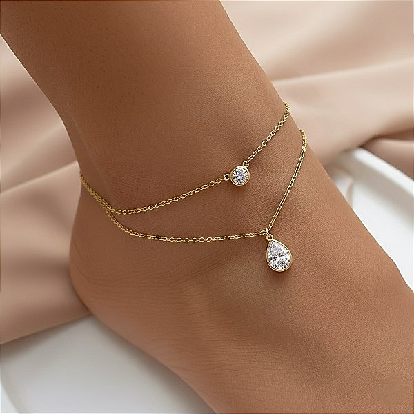 TORNOZELEIRA CORRENTE DUPLA DELICADA GOTA E BOLINHA ZIRCÔNIAS DOURADO AÇO 316L⭐️