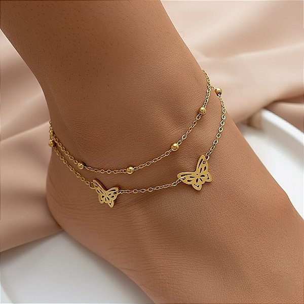 TORNOZELEIRA CORRENTE DUPLA BOLINHAS E BORBOLETAS DOURADO AÇO 316L⭐️